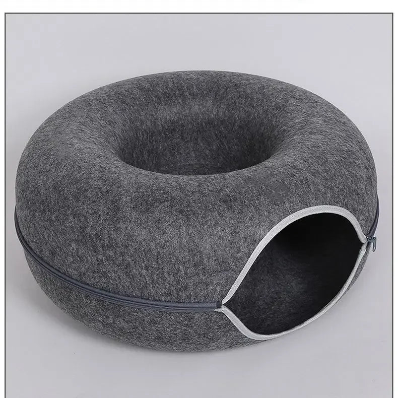 1pc Felt Tunnel Cat Nest With Kitten Window Cat Donut Tunnel Detachable Round Cat Bed All-season Cat Nest Washable Cat Bed