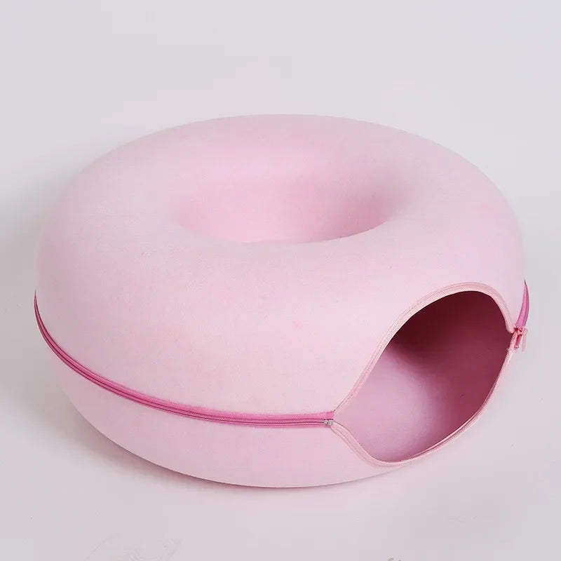 1pc Felt Tunnel Cat Nest With Kitten Window Cat Donut Tunnel Detachable Round Cat Bed All-season Cat Nest Washable Cat Bed